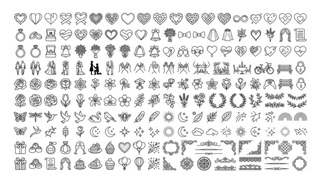 Extensive library of wedding and romance vector icons with heart motifs and decorative floral design elements marriage ornament invitation ceremony anniversary valentine collection
