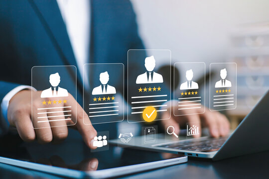 Talent acquisition and employee selection concept with digital HR recruitment interface, candidate evaluation, resume screening, performance rating, hiring process and workforce management technology.
