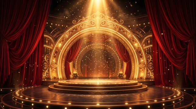 Dramatic stage backdrop with red curtains and golden arch for teachers day celebration