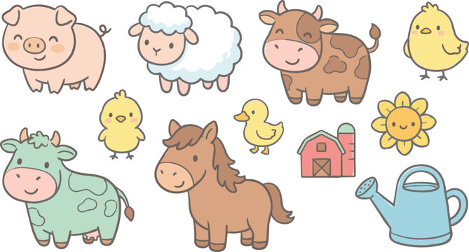 farmyard animals and friends vector illustration set