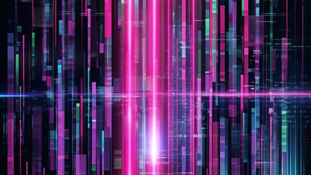 Abstract neon technology background with glowing vertical digital bars and interface elements. Futuristic cyber backdrop for motion graphics, presentations, websites and UI design projects.