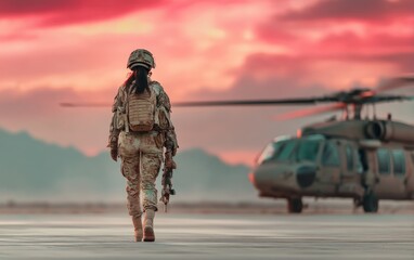 Naklejka premium Female Soldier in Full Combat Kit Walking Away from Helicopter at Dusk