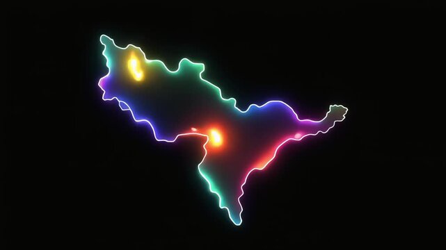 Maharashtra map with glowing colorful neon outline on black background