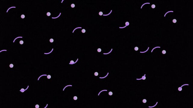 Retro Memphis Style Pattern Background with Abstract Purple Dots and Curved Lines on Black