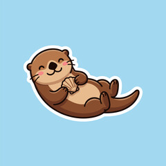 Obraz premium A cute cartoon sea otter floating on its back while holding a seashell.