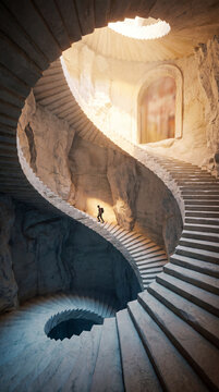 Monumental impossible spiral staircase of pale stone coiling against gravity toward glowing golden light with a tiny climbing figure, cinematic conceptual surreal architecture copy space vertical 