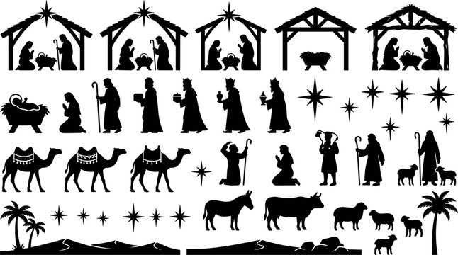 Christmas Nativity Scene Silhouette Icon Set Featuring Holy Family Three Wise Men Stable Shepherds Animals and Bethlehem Stars for Holiday DesignsChristmas Nativity Scene Silhouette Icon Set Featuring