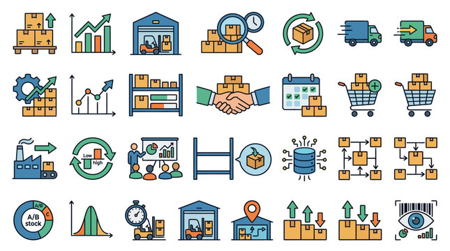 Set of modern flat design icons for inventory management stock replenishment forecasting analytics warehouse logistics and supply chain operations