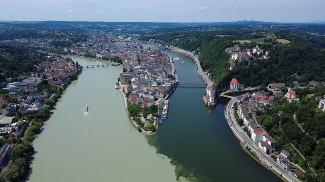 Aerial Passau, Germany: three rivers, rotating toward Oberhaus castle