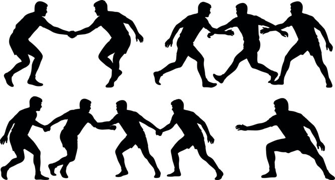 Kabaddi Players Chain Hold Silhouette Vector Set Featuring Team Defenders Catching Raider and Action Match Poses Isolated on White Background