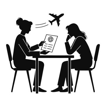 Consultant sits at a table discussing flight arrangements with a client in a professional setting.