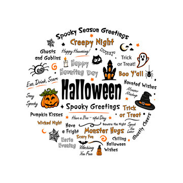 circular Halloween design featuring themed illustrations and phrases. A jack-o'-lantern, a black cat, ghosts, spiders on a web, bats, a haunted castle, a witch's hat, and a burning candle  