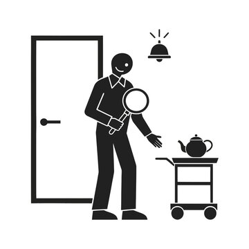 Hotel staff member stands with a service cart and a teapot near an open doorway for room service.