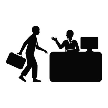 Businessman holding a briefcase approaches a reception desk for a professional consultation.