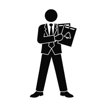 Businessman in a formal suit stands while holding an important notification document for review.
