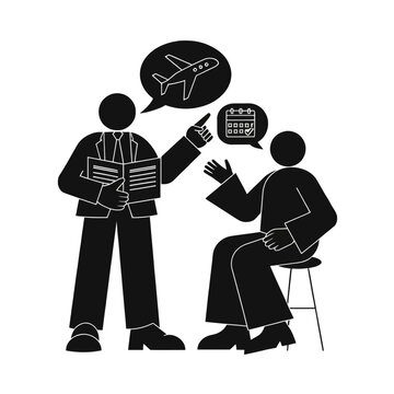Travel agent explains flight details to a customer while pointing at a calendar during a meeting.