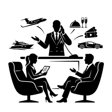 Concierge stands behind a desk while consulting with clients about luxury travel and lifestyle.