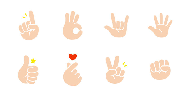 Hand gesture flat color icon set with editable vector collection including thumbs up, finger heart, peace, okay, shaka, fist and open hand