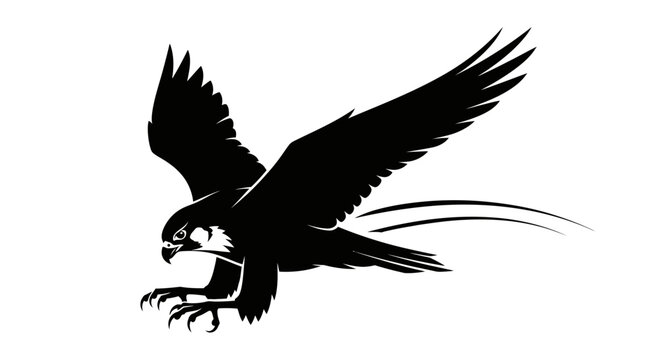 Black silhouette of a flying eagle in motion with outstretched wings and sharp talons on white background