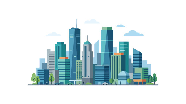 Modern Cityscape Illustration with Tall Buildings, Trees, and Cars