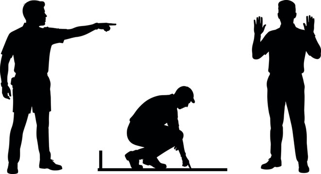 Sports Referee and Umpire Officials Silhouette Vector Set Featuring Action Poses for Pointing Line Checking and Stop Signaling on White Background