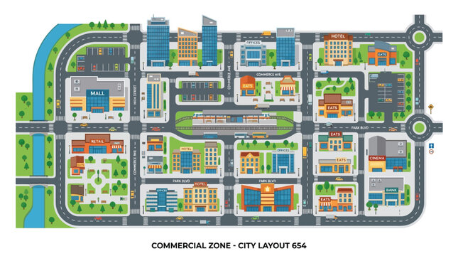 Top view of a commercial city zone layout with buildings, roads, and cars