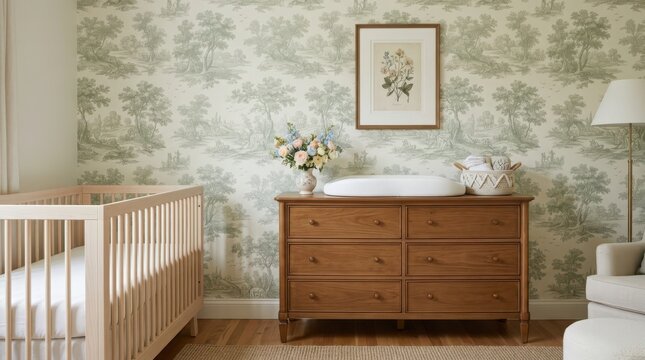Modern nursery room with wooden baby crib and changing table dresser against a textured grey wall with a small framed picture