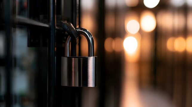 A metallic padlock secures a black metal gate against a softly blurred background of warm lights