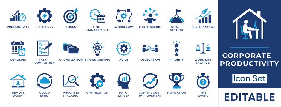 Corporate productivity and time management solid icon set. Includes symbols for Remote Work, Agile Workflow, and Data Optimization. Vector icons for business performance and goal setting.