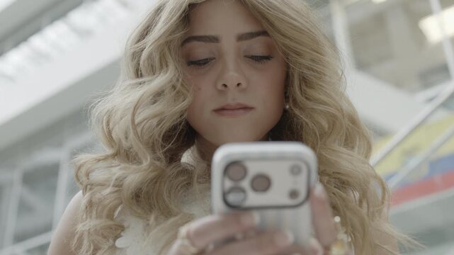 CU of a young woman text on an iPhone indoors, Provo, Utah