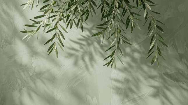 Green olive tree branches with soft leaves casting natural shadows on a smooth grey wall background for a minimalist aesthetic