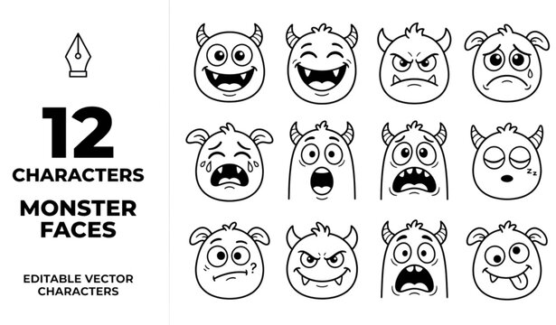 Funny Cartoon Monster Faces Set &ndash; Black and White Doodle Monster Characters Editable Vector Collection