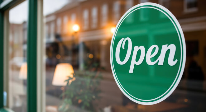 Retail storefront window sticker displaying open sign to announce business relaunch operations and welcome local customers into boutique shop