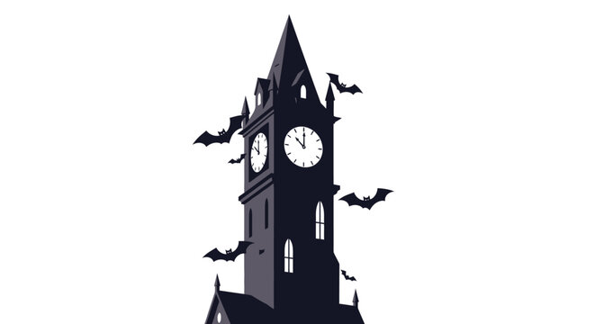 Spooky Halloween Clock Tower Silhouette with Flying Bats