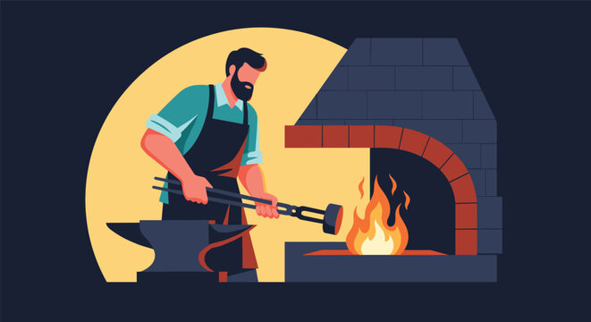 Strong blacksmith craftsman working with hot metal in a forge furnace next to anvil in classic vector art style.