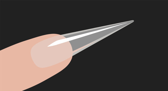 Long transparent stiletto fingernail extension on female hand showcasing modern manicure and beauty salon trends.
