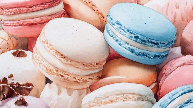 Watercolor illustration of colorful macarons and French sweets, with a densely packed close-up arrangement