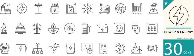 Power and Energy line icon set. Icons for solar panel, wind turbine, wind, battery charging, electric car, power grid, solar, green energy, collection. Editable stroke. vector illustration. © mstlily