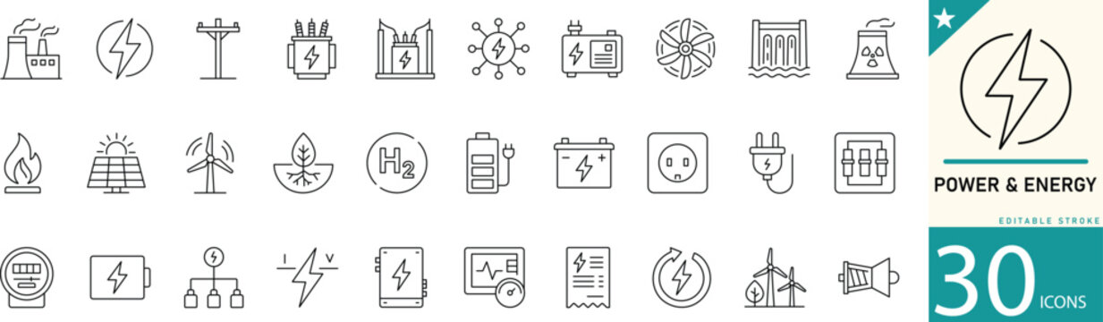 Power and Energy line icon set. Icons for solar panel, wind turbine, wind, battery charging, electric car, power grid, solar, green energy, collection. Editable stroke. vector illustration.