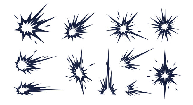Comic explosion boom sparks black silhouettes set showing violent impact and crash movements on white background.