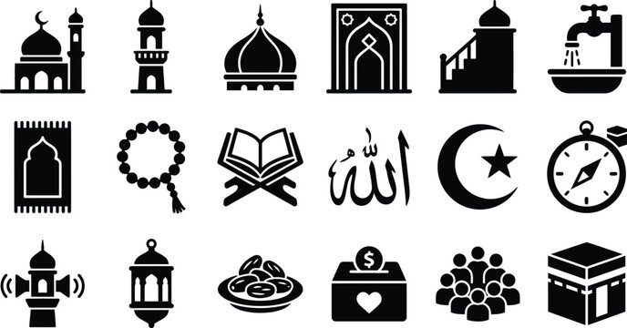 Islamic symbols and mosque icons set