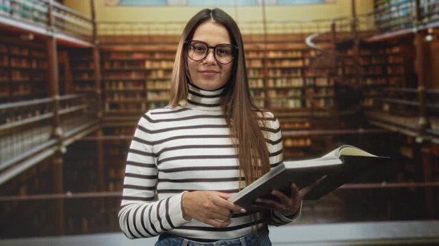 Young hispanic brunette woman holding an open book and pointing finger to a page while reading in a library building lined with bookshelves; study focus curiosity.