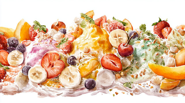Watercolor illustration of Korean bingsu dessert ingredients with shaved ice, fruits, condensed milk and sweets, with a densely packed close-up arrangement