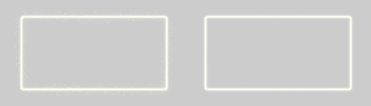 Glowing white neon rectangular frame overlay with sparkling particles and luminous rectangle border isolated on transparent background