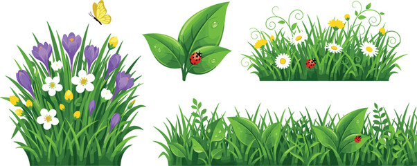 Spring Green Grass Tufts Vector Set with Colorful Wildflowers, Butterfly, Leaves, and Ladybugs for Nature and Summer Garden Landscape DesignsSpring Green Grass Tufts Vector Set with Colorful Wildflowe © BijoyChandra