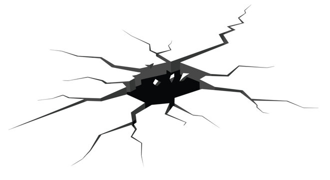 Large dark earthquake fissure with deep cracks spreading across the ground isolated on white background.