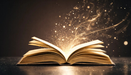 Open vintage book with magical light and glowing sparks floating in the air particles knowledge education literature learning inspiration imagination creative background atmosphere academic © MST