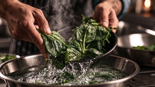 Chef Blanching Green Vegetables in Boiling Water