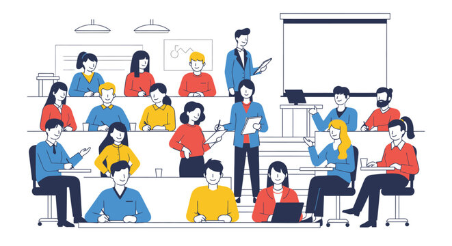 Diverse students attending a lecture in a modern classroom with a teacher presenting