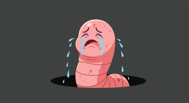 Crying cartoon earthworm coming out of a hole in the ground with tears streaming down on dark gray background.